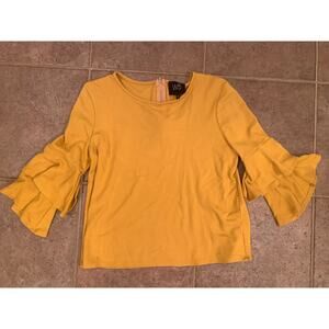 W5 Small Mustard Yellow Soft Knit 3/4 Ruffle Sleeve Zip Back Detail Top Shirt